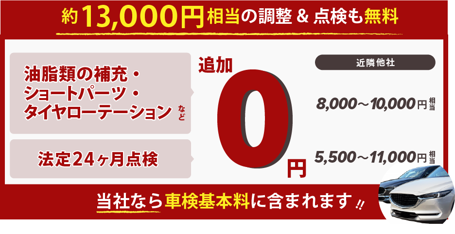 約13,000円相当の調整＆点検が無料！油脂類の補充、ショートパーツ、タイヤローテーション、24カ月点検など！「車検の速太郎」福山店なら車検基本料に含まれます！